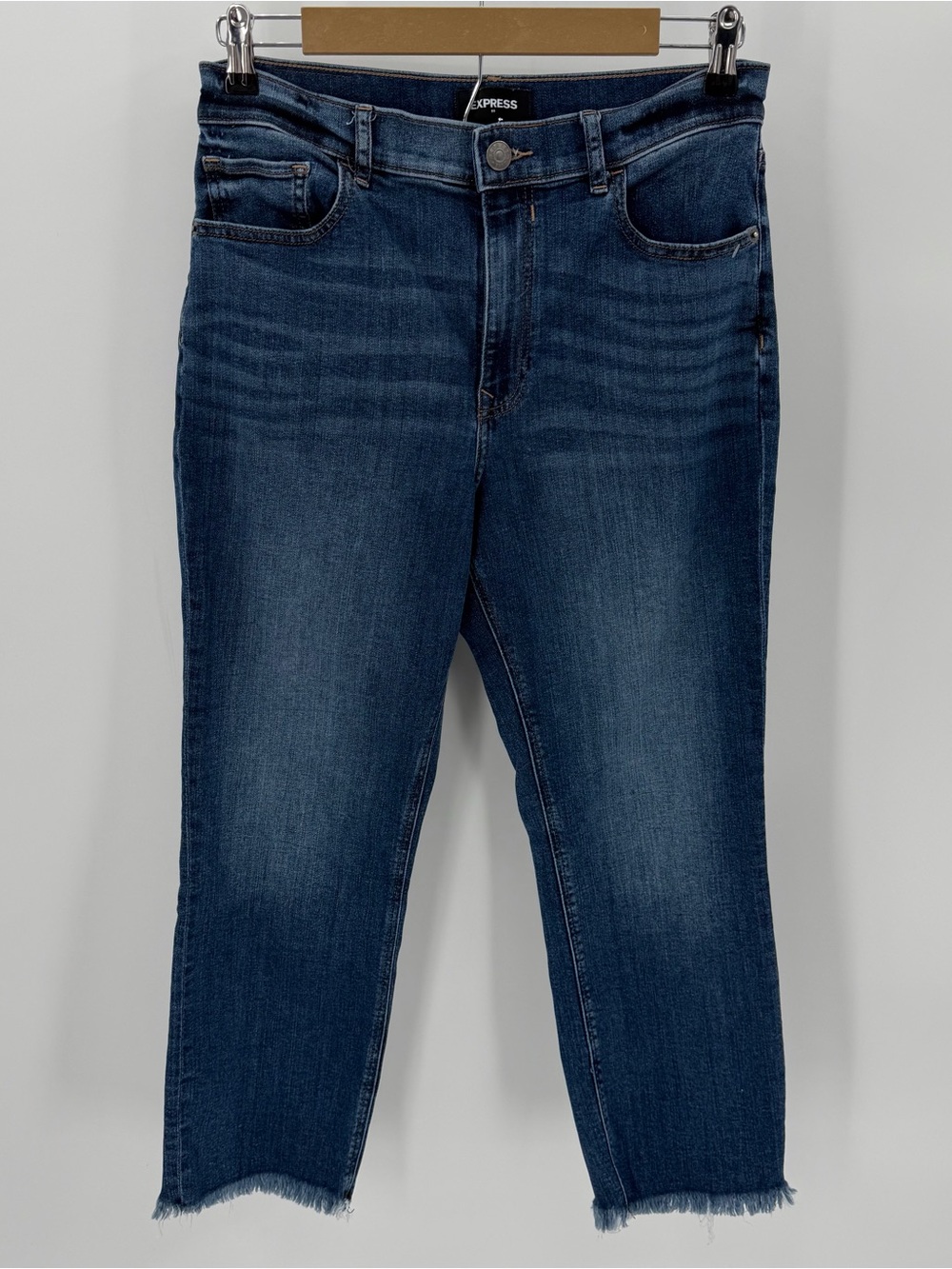 Express Jeans Women’s 8 Blue Cropped High Rise Straight Repreve Denim Raw Hem